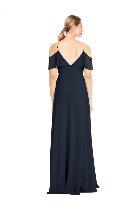 Fournisseurs de Bleu marine foncé Trapèze Épaule Dénudée Bretelles spaghetti Mousseline Longue Robes demoiselle d'honneur
