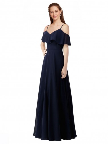 Fournisseurs de Bleu marine foncé Trapèze Épaule Dénudée Col V Mousseline Longue Robes demoiselle d'honneur