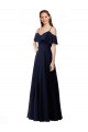 Fournisseurs de Bleu marine foncé Trapèze Épaule Dénudée Col V Mousseline Longue Robes demoiselle d'honneur