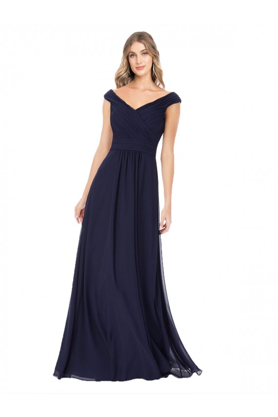 Fournisseurs de Bleu marine foncé Trapèze Épaule Dénudée Mousseline Longue Robes demoiselle d'honneur