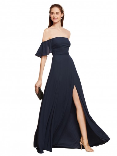 Fournisseurs de Bleu marine foncé Trapèze Épaule Dénudée Mousseline Longue Robes demoiselle d'honneur / Robes de bal