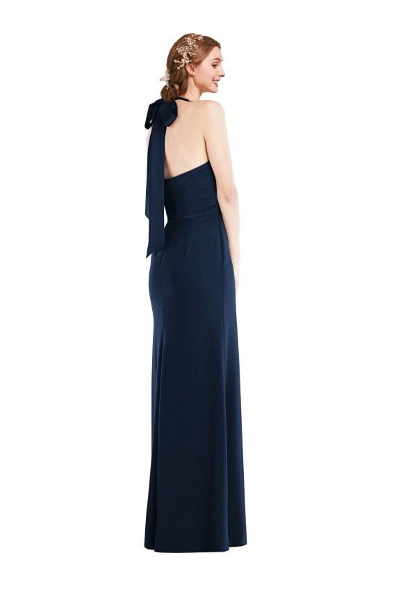 Fournisseurs de Bleu marine foncé Trompette Col Haut Crêpe Stretch Longue Robes demoiselle d'honneur / Robes de bal