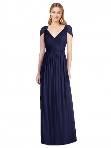 Fournisseurs de Bleu marine foncé Trompette Col V Mousseline Longue Robes demoiselle d'honneur