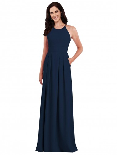Fournisseurs de Bleu marine foncé Trompette Licou Crêpe Stretch Longue Robes demoiselle d'honneur