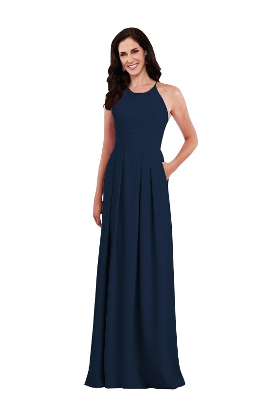 Fournisseurs de Bleu marine foncé Trompette Licou Crêpe Stretch Longue Robes demoiselle d'honneur