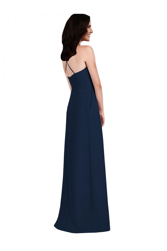 Fournisseurs de Bleu marine foncé Trompette Licou Crêpe Stretch Longue Robes demoiselle d'honneur
