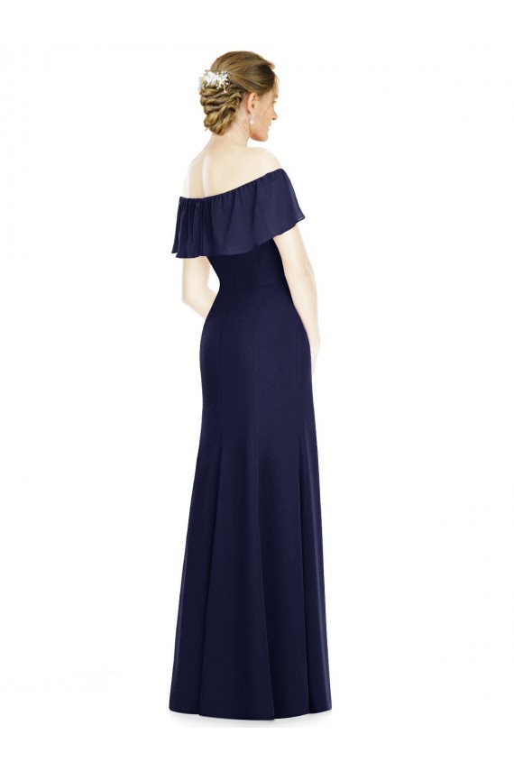 Fournisseurs de Bleu marine foncé Trompette Épaule Dénudée Mousseline Longue Robes demoiselle d'honneur