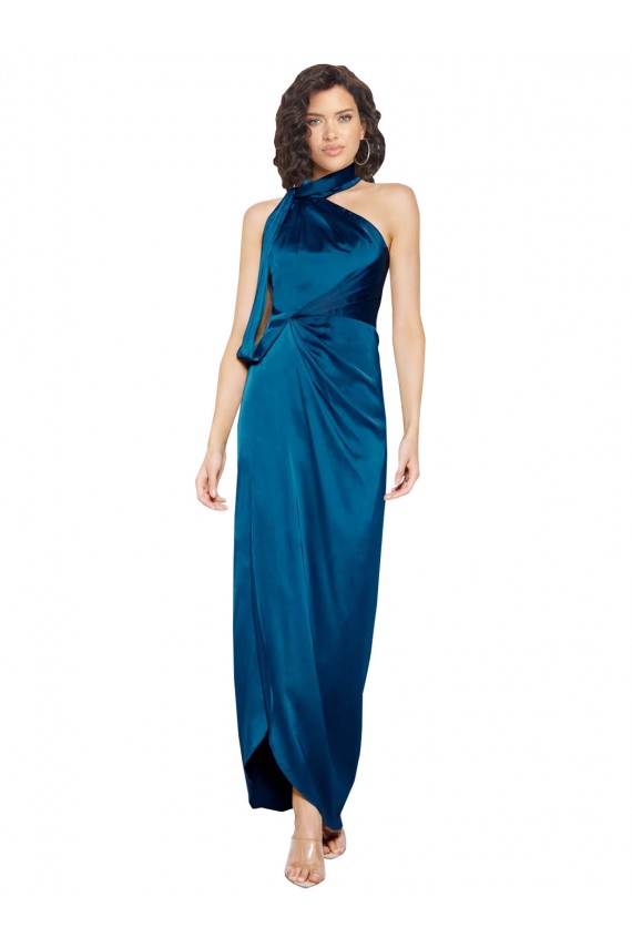 Fournisseurs de Bleu paon Fourreau Licou Col Haut Satiné Soyeux Longue Formelles Robes demoiselle d'honneur / Robes de soirée / Robes de bal