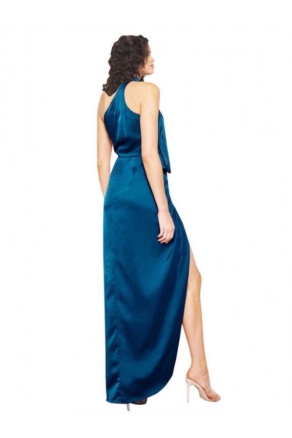 Fournisseurs de Bleu paon Fourreau Licou Col Haut Satiné Soyeux Longue Formelles Robes demoiselle d'honneur / Robes de soirée / Robes de bal