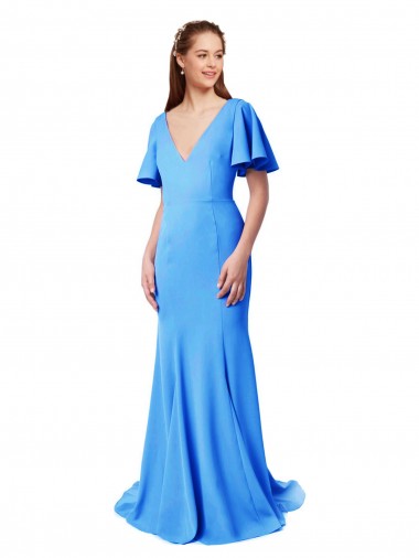 Fournisseurs de Bleu paon Sirène Col V Balayage train Crêpe Stretch Longue Robes demoiselle d'honneur / Robes de bal