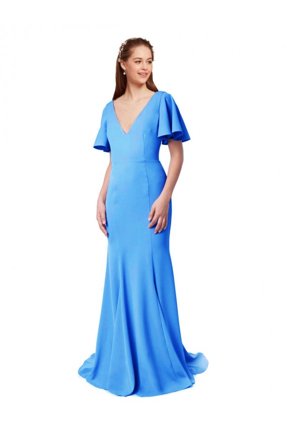 Fournisseurs de Bleu paon Sirène Col V Balayage train Crêpe Stretch Longue Robes demoiselle d'honneur / Robes de bal