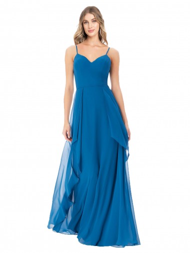 Fournisseurs de Bleu paon Trapèze Bretelles spaghetti Mousseline Longue Robes demoiselle d'honneur