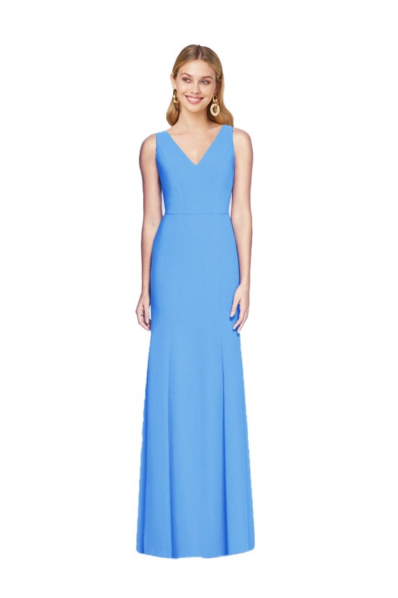 Fournisseurs de Bleu paon Trompette Col V Crêpe Stretch Longue Robes demoiselle d'honneur / Robes de bal