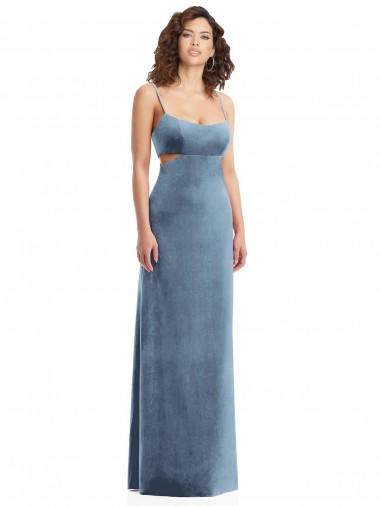 Fournisseurs de Bleu poussiéreux Fourreau Col Carré Velours Stretch Longue Formelles Robes demoiselle d'honneur / Robes de soirée / Robes de bal