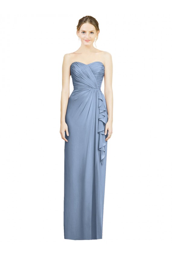 Fournisseurs de Bleu poussiéreux Fourreau Sans bretelle Mousseline Longue Robes demoiselle d'honneur