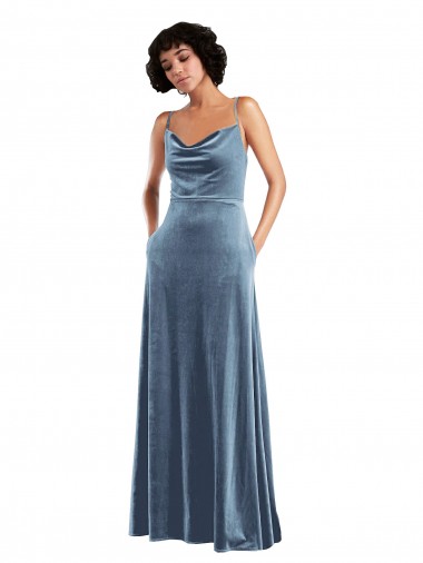 Fournisseurs de Bleu poussiéreux Fourreau Velours Stretch Longue Robes demoiselle d'honneur / Robes de bal