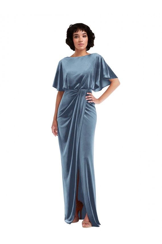 Fournisseurs de Bleu poussiéreux Fourreau Velours Stretch Longue Robes demoiselle d'honneur / Robes de bal