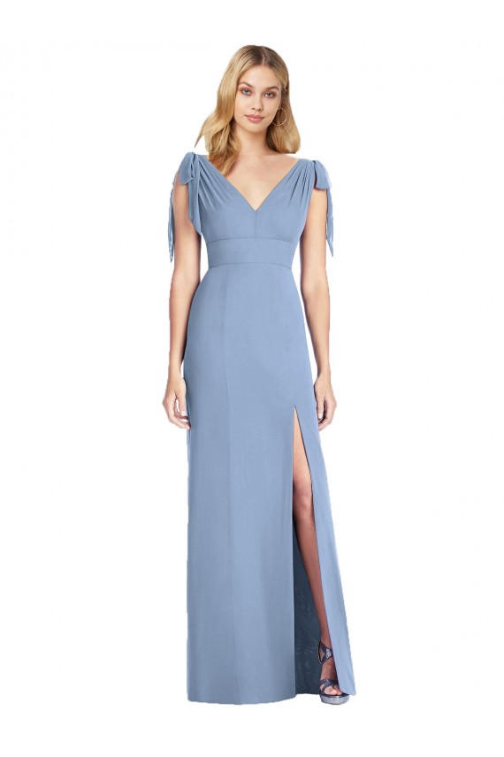 Fournisseurs de Bleu poussiéreux Sirène Col V Mousseline Longue Robes demoiselle d'honneur