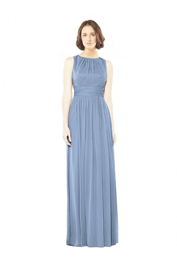 Fournisseurs de Bleu poussiéreux Trapèze Bateau Mousseline Longue Robes demoiselle d'honneur