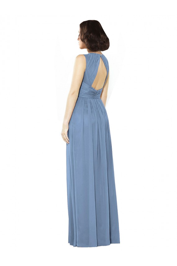 Fournisseurs de Bleu poussiéreux Trapèze Bateau Mousseline Longue Robes demoiselle d'honneur