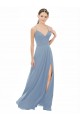 Fournisseurs de Bleu poussiéreux Trapèze Bretelles spaghetti Col V Mousseline Dentelle Longue Robes demoiselle d'honneur