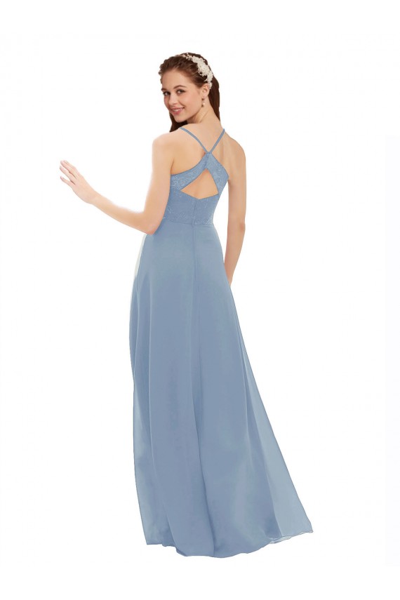 Fournisseurs de Bleu poussiéreux Trapèze Bretelles spaghetti Col V Mousseline Dentelle Longue Robes demoiselle d'honneur