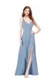 Fournisseurs de Bleu poussiéreux Trapèze Bretelles spaghetti Col V Mousseline Longue Robes demoiselle d'honneur