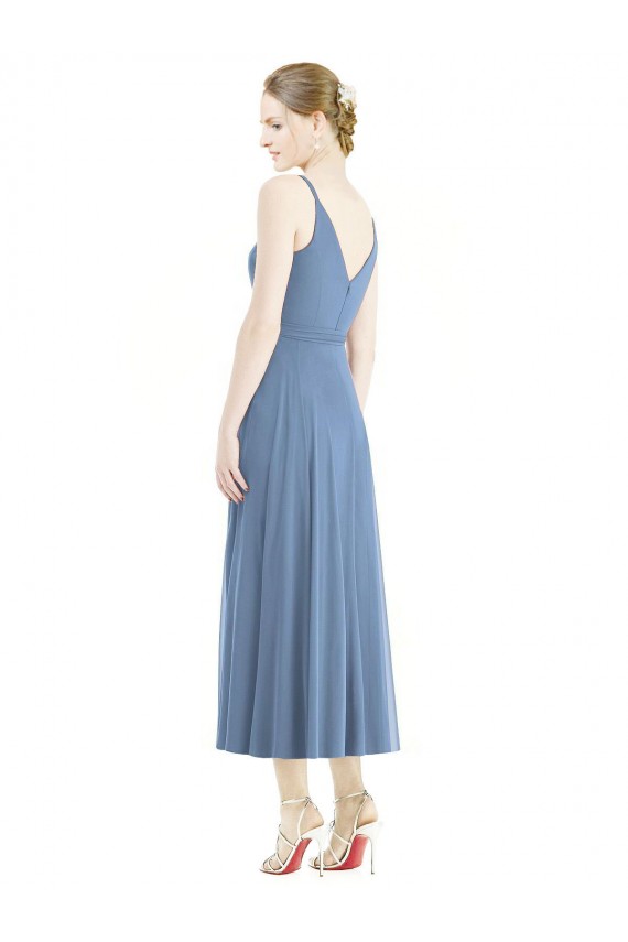 Fournisseurs de Bleu poussiéreux Trapèze Bretelles spaghetti Mousseline Courte Robes demoiselle d'honneur