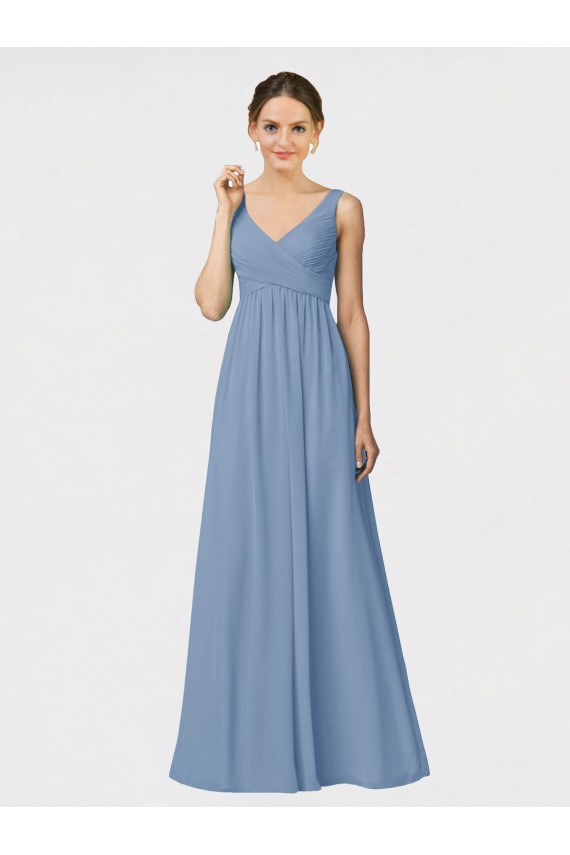 Fournisseurs de Bleu poussiéreux Trapèze Bretelles spaghetti Mousseline Longue Robes demoiselle d'honneur