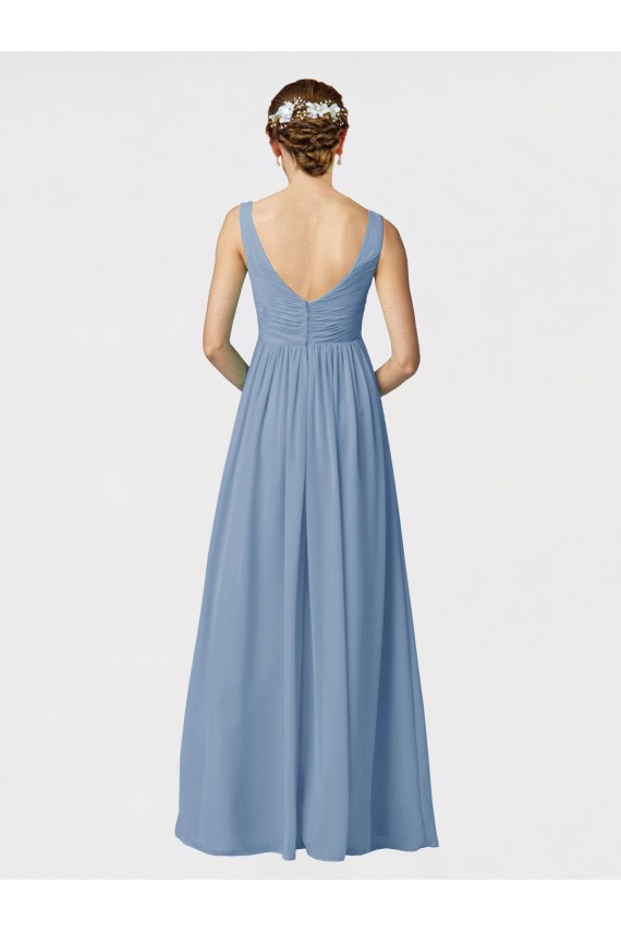 Fournisseurs de Bleu poussiéreux Trapèze Bretelles spaghetti Mousseline Longue Robes demoiselle d'honneur