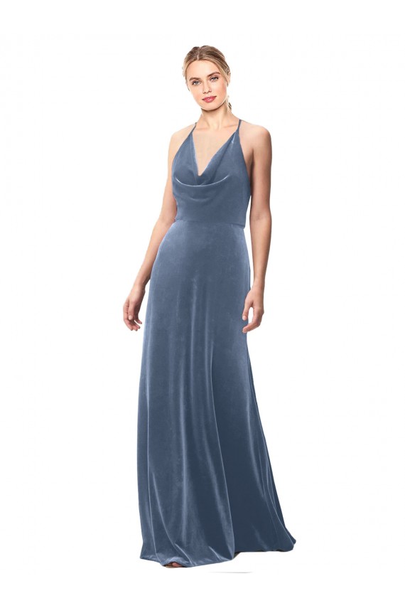 Fournisseurs de Bleu poussiéreux Trapèze Bretelles spaghetti Velours Stretch Longue Robes demoiselle d'honneur / Robes de bal