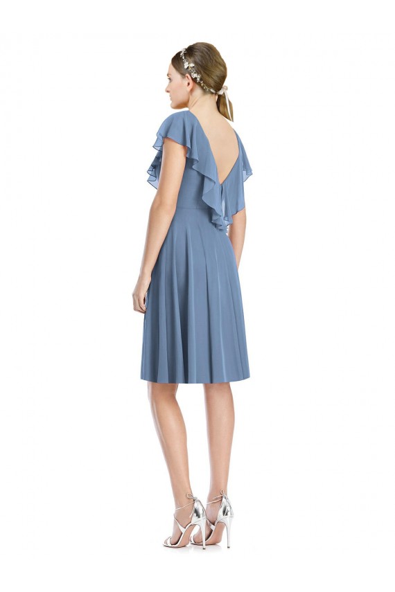 Fournisseurs de Bleu poussiéreux Trapèze Col V Mousseline Courte Robes demoiselle d'honneur