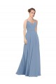 Fournisseurs de Bleu poussiéreux Trapèze Col V Mousseline Longue Robes demoiselle d'honneur