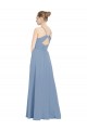 Fournisseurs de Bleu poussiéreux Trapèze Col V Mousseline Longue Robes demoiselle d'honneur