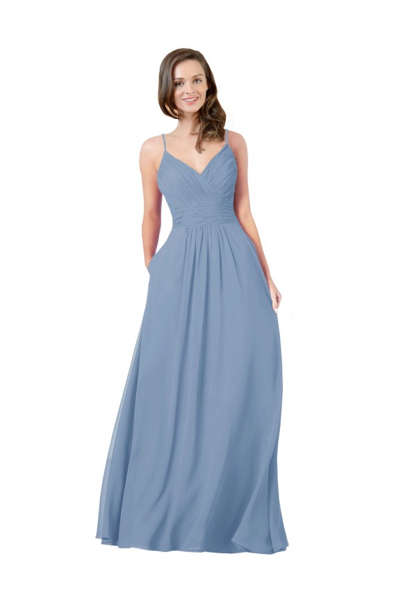 Fournisseurs de Bleu poussiéreux Trapèze Col V Mousseline Longue Robes demoiselle d'honneur