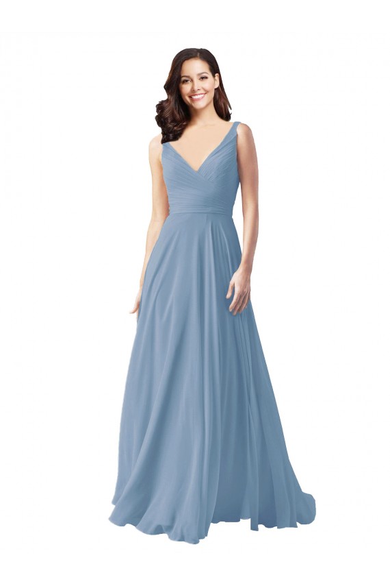 Fournisseurs de Bleu poussiéreux Trapèze Col V Mousseline Longue Robes demoiselle d'honneur