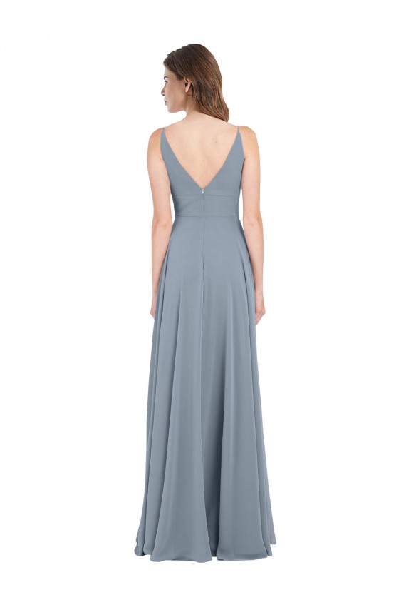 Fournisseurs de Bleu poussiéreux Trapèze Col V Mousseline Longue Robes demoiselle d'honneur