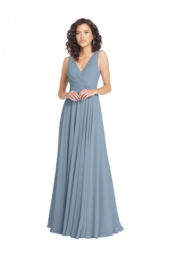 Fournisseurs de Bleu poussiéreux Trapèze Col V Mousseline Longue Robes demoiselle d'honneur