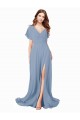 Fournisseurs de Bleu poussiéreux Trapèze Col V Mousseline Longue Robes demoiselle d'honneur / Robes de bal