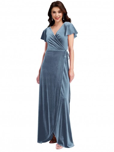 Fournisseurs de Bleu poussiéreux Trapèze Col V Velours Stretch Longue Robes demoiselle d'honneur / Robes de bal