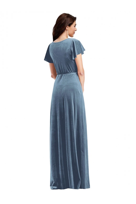 Fournisseurs de Bleu poussiéreux Trapèze Col V Velours Stretch Longue Robes demoiselle d'honneur / Robes de bal