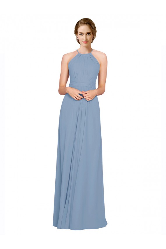 Fournisseurs de Bleu poussiéreux Trapèze Licou Col Haut Mousseline Longue Robes demoiselle d'honneur