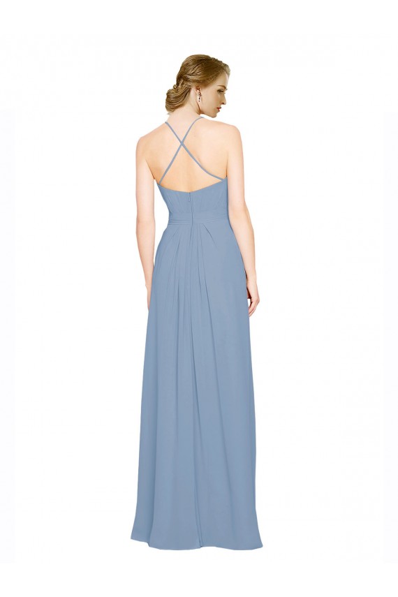 Fournisseurs de Bleu poussiéreux Trapèze Licou Col Haut Mousseline Longue Robes demoiselle d'honneur