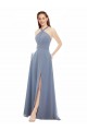 Fournisseurs de Bleu poussiéreux Trapèze Licou Col Haut Mousseline Longue Robes demoiselle d'honneur