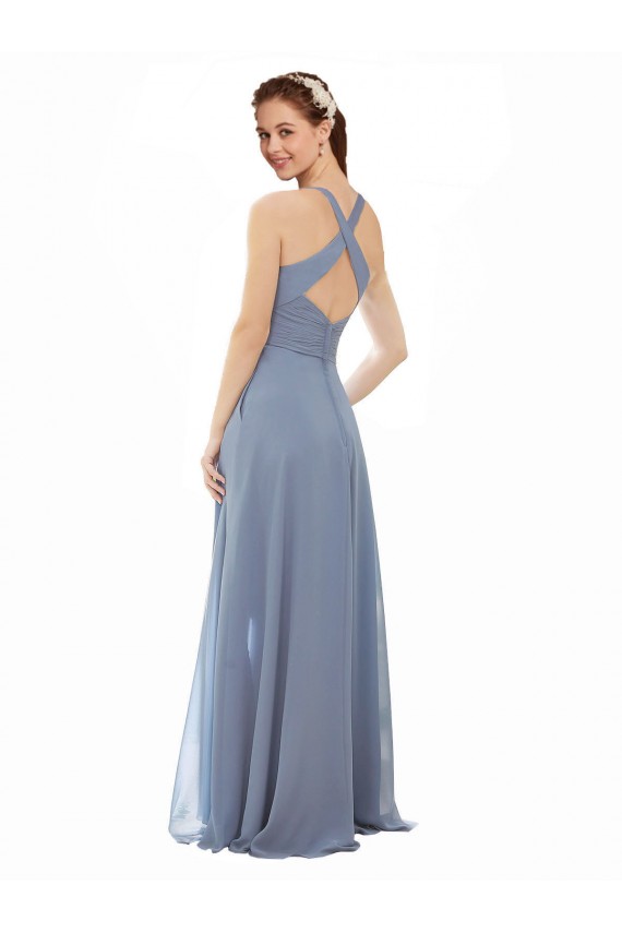 Fournisseurs de Bleu poussiéreux Trapèze Licou Col Haut Mousseline Longue Robes demoiselle d'honneur