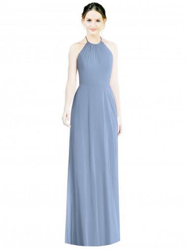 Fournisseurs de Bleu poussiéreux Trapèze Licou Mousseline Longue Robes demoiselle d'honneur