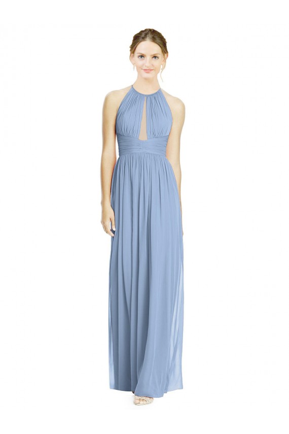 Fournisseurs de Bleu poussiéreux Trapèze Licou Mousseline Longue Robes demoiselle d'honneur