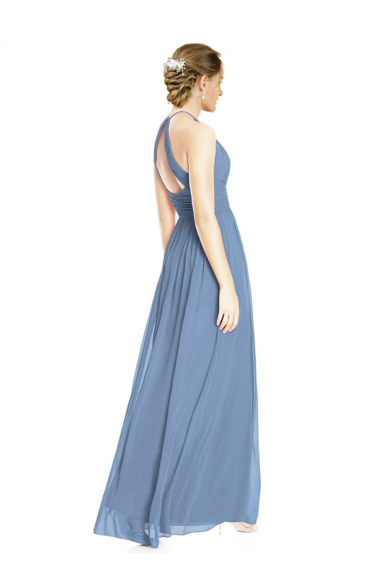 Fournisseurs de Bleu poussiéreux Trapèze Licou Mousseline Longue Robes demoiselle d'honneur