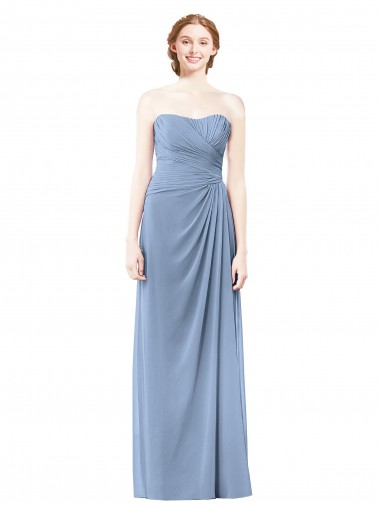 Fournisseurs de Bleu poussiéreux Trapèze Sans bretelle Mousseline Longue Robes demoiselle d'honneur
