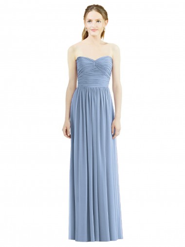 Fournisseurs de Bleu poussiéreux Trapèze Sans bretelle Mousseline Longue Robes demoiselle d'honneur